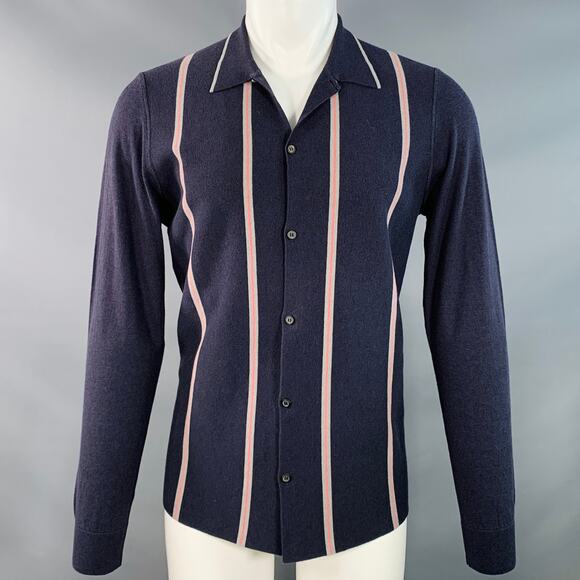 LANVIN Size M Navy Grey Pink Stripe Merino Wool Cotton Knit Long Sleeve Shirt